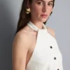Textured button through halterneck top
