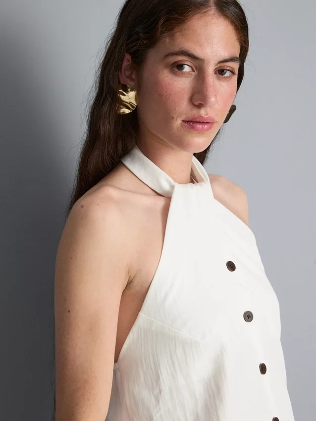 Textured button through halterneck top
