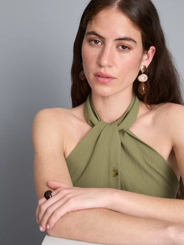 Textured button through halterneck top