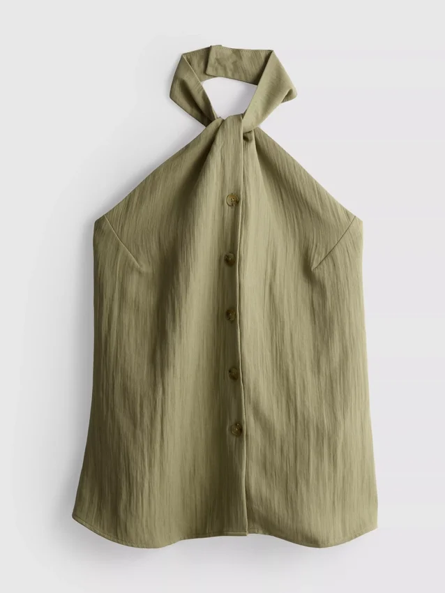 Textured button through halterneck top