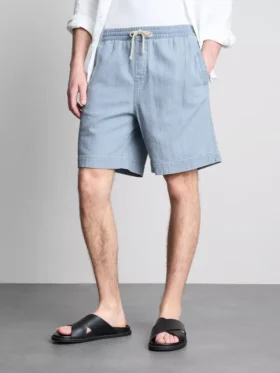 Textured drawstring denim shorts