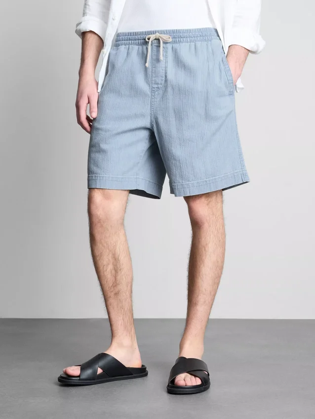 Textured drawstring denim shorts