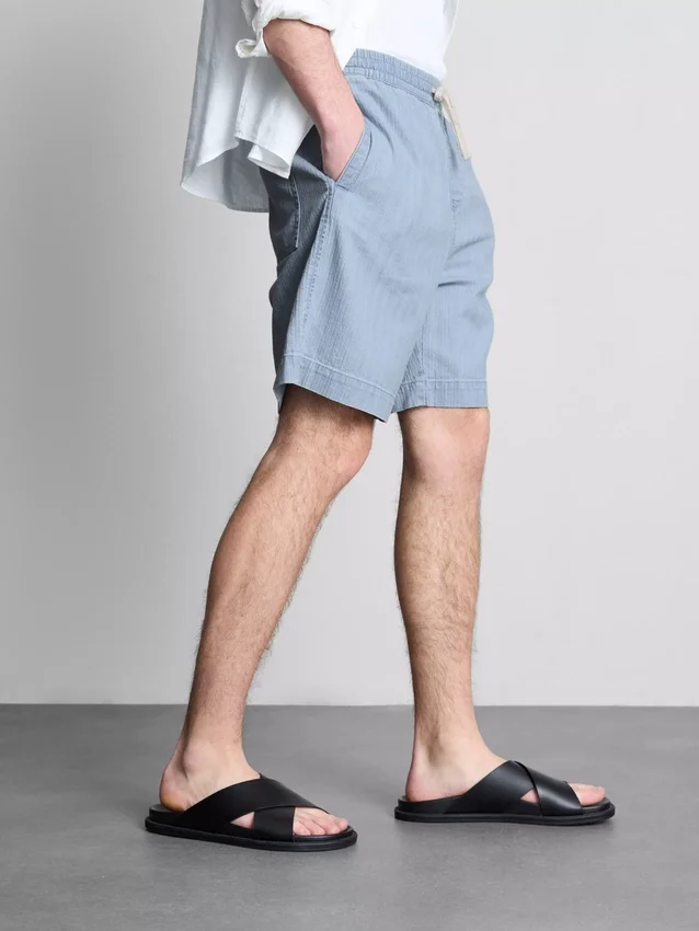 Textured drawstring denim shorts