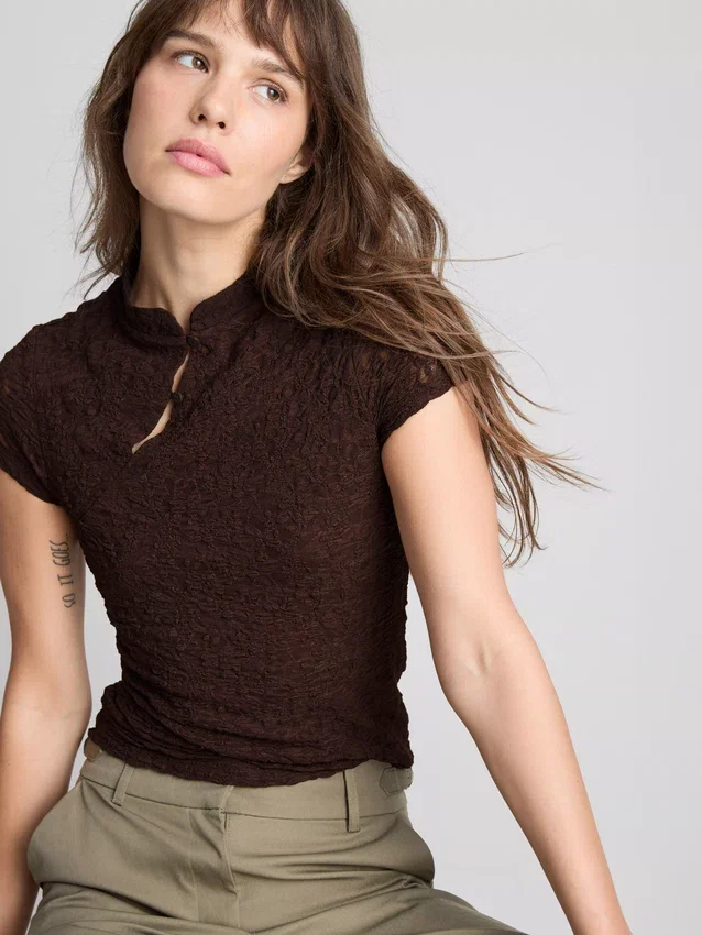 Textured high collar top