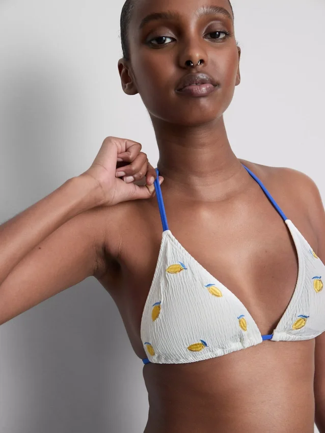Textured lemon triangle bikini top