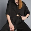 Textured straight-leg satin pants