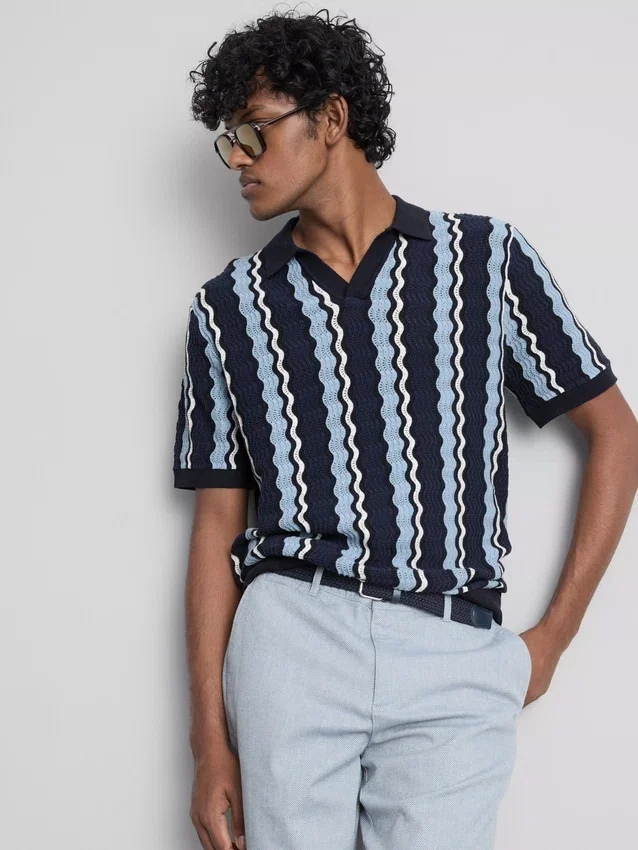 Textured stripe knit polo shirt