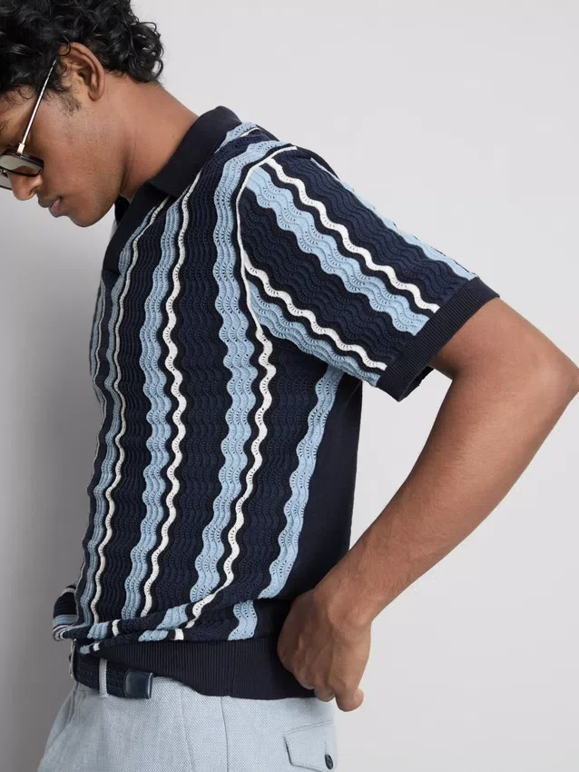 Textured stripe knit polo shirt