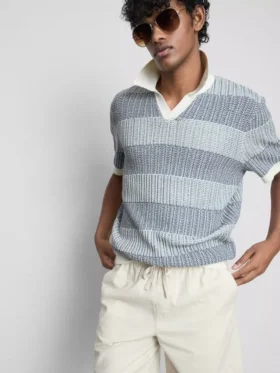 Textured stripe knitted polo shirt