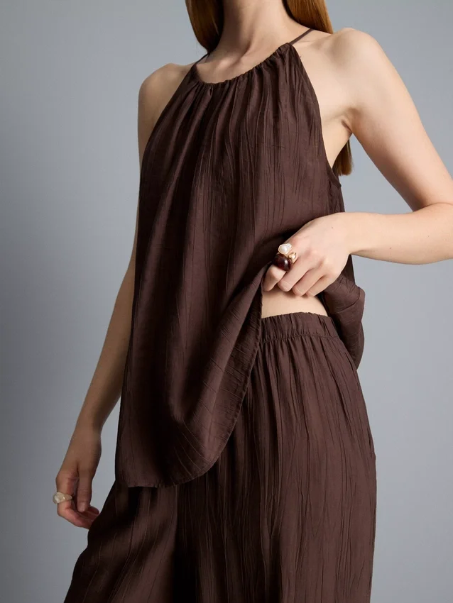 Textured wide leg drawstring pants