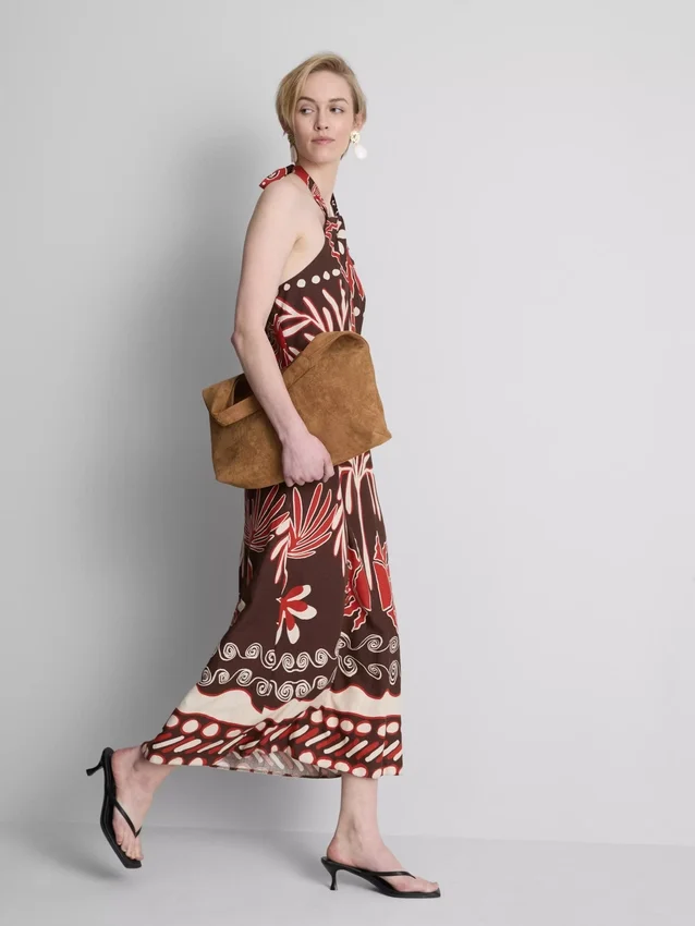 The edit linen-blend printed halter midi dress