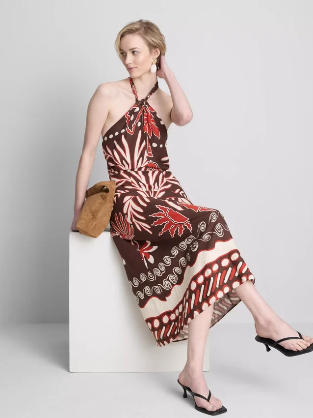 The edit linen-blend printed halter midi dress