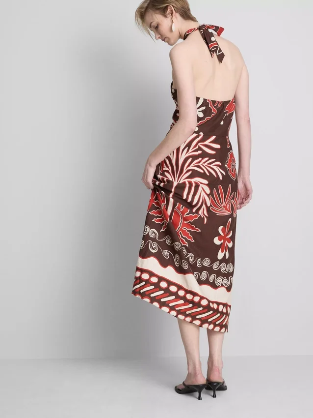 The edit linen-blend printed halter midi dress