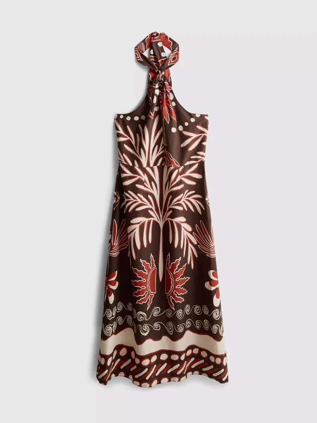 The edit linen-blend printed halter midi dress