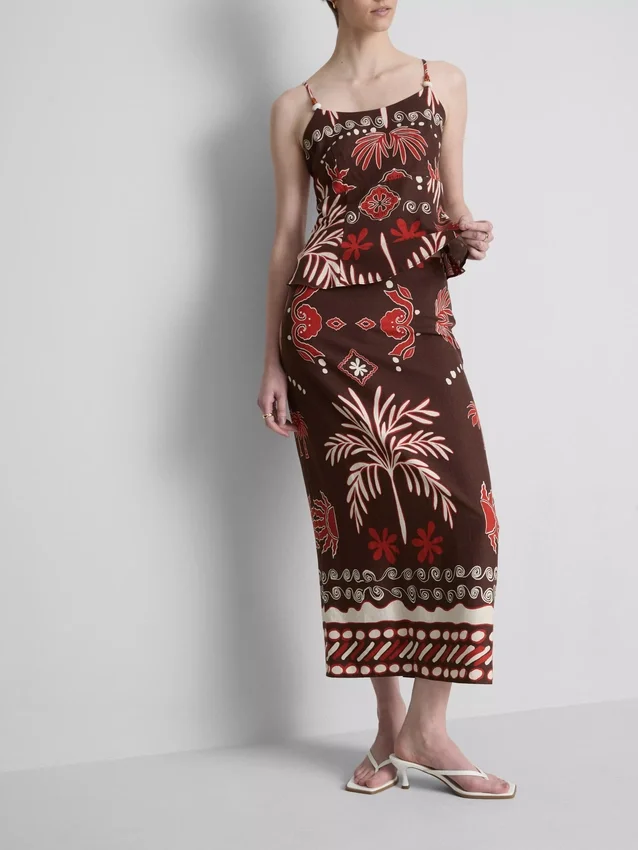 The edit linen-blend printed midi skirt