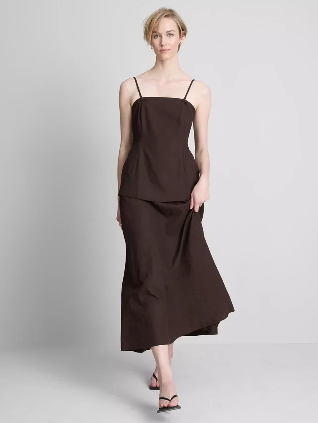 The edit linen-blend tiered midi dress