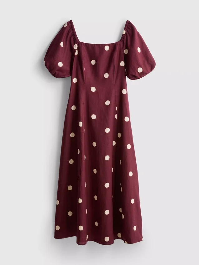 The edit linen puff-sleeve midi dress