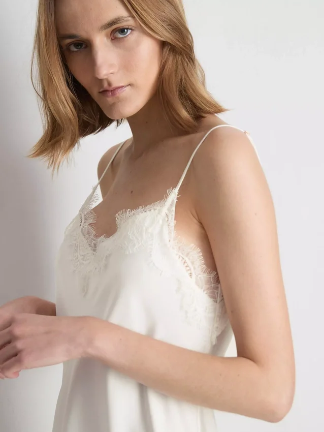 The edit satin lace asymmetrical slip dress