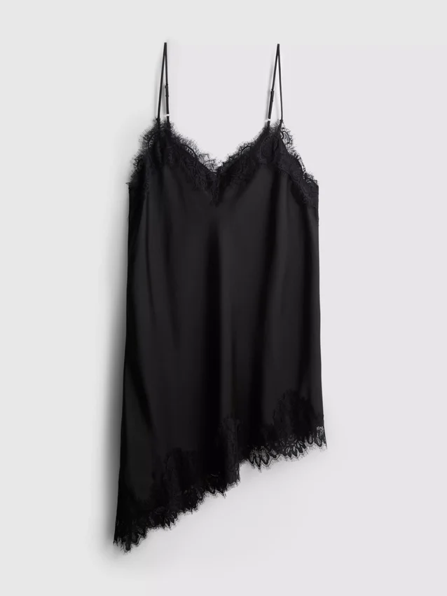 The edit satin lace asymmetrical slip dress