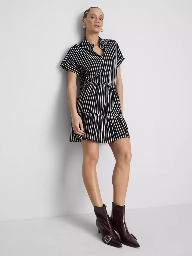 Tiered stripe mini shirt dress