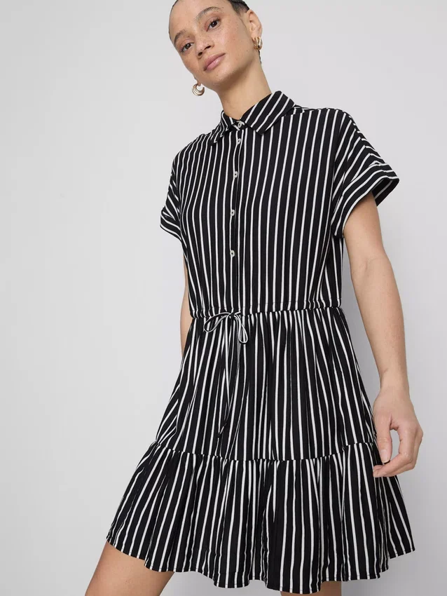 Tiered stripe mini shirt dress