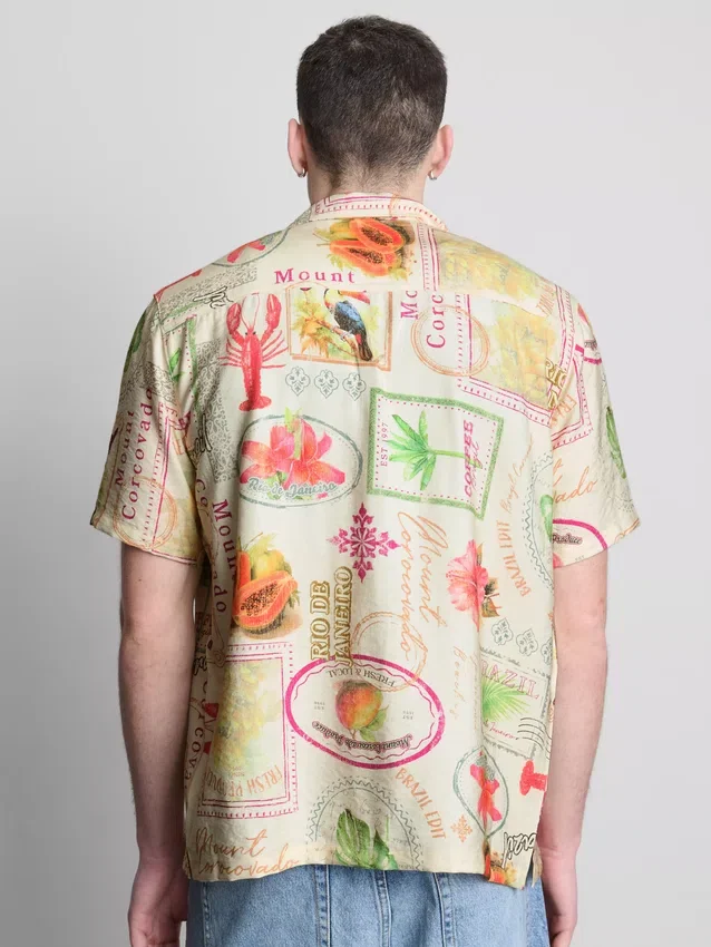 Tropical postcard short-sleeve button-down shirt