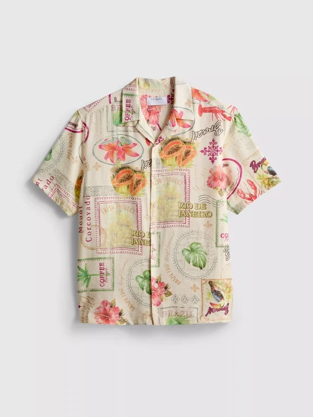 Tropical postcard short-sleeve button-down shirt