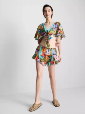 Tropical printed cropped tie shirt