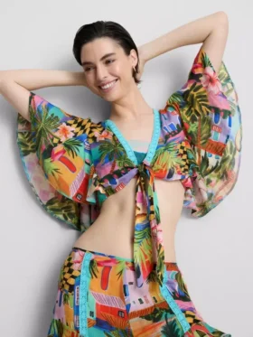 Tropical printed cropped tie shirt