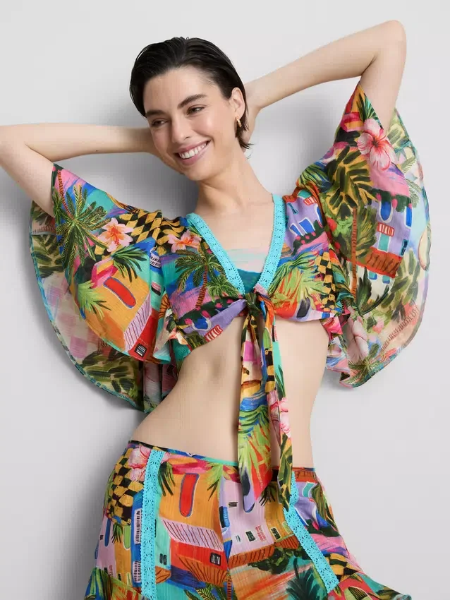 Tropical printed cropped tie shirt