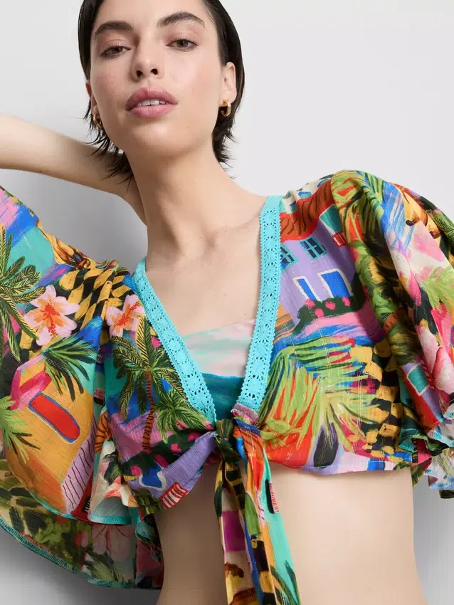 Tropical printed cropped tie shirt