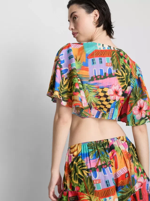 Tropical printed cropped tie shirt