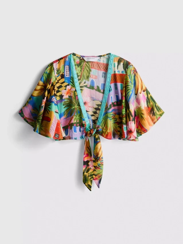 Tropical printed cropped tie shirt
