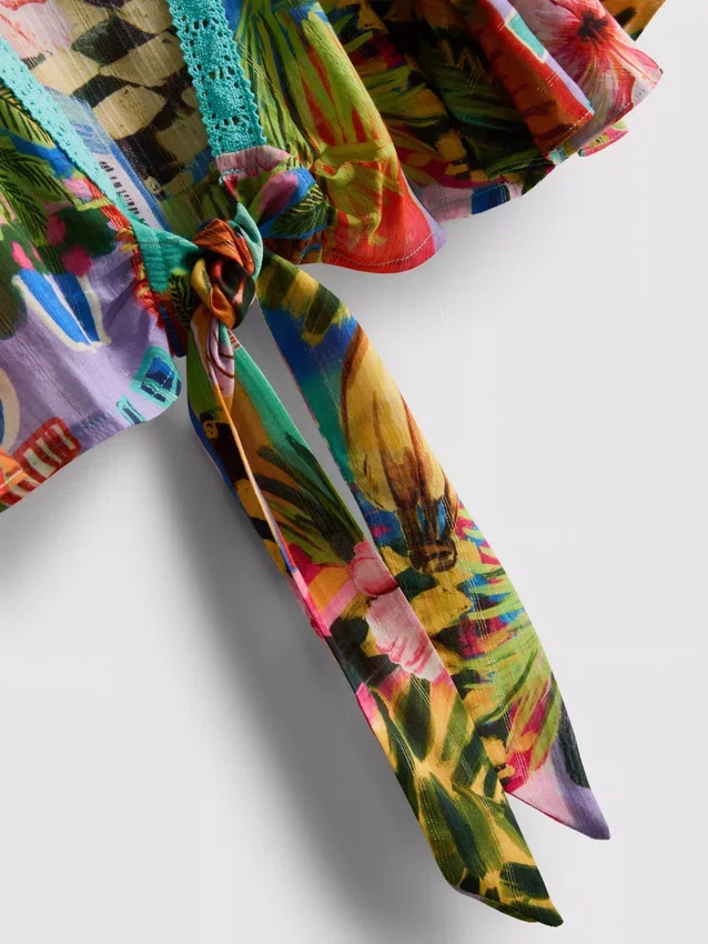 Tropical printed cropped tie shirt